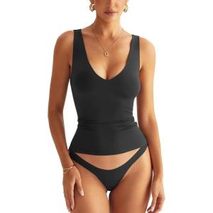 Womens V Neck Tank Tops Sleeveless Double Lined Basic Tops Slim Fit Summer Shirts 2025(Black)