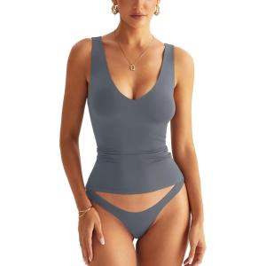 Womens V Neck Tank Tops Sleeveless Double Lined Basic Tops Slim Fit Summer Shirts 2025(Gray)