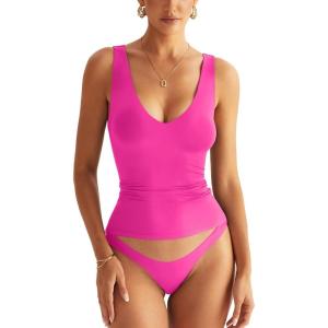 Womens V Neck Tank Tops Sleeveless Double Lined Basic Tops Slim Fit Summer Shirts 2025(Hot Pink)