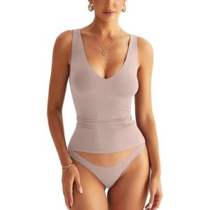Womens V Neck Tank Tops Sleeveless Double Lined Basic Tops Slim Fit Summer Shirts 2025(Taupe Gray)