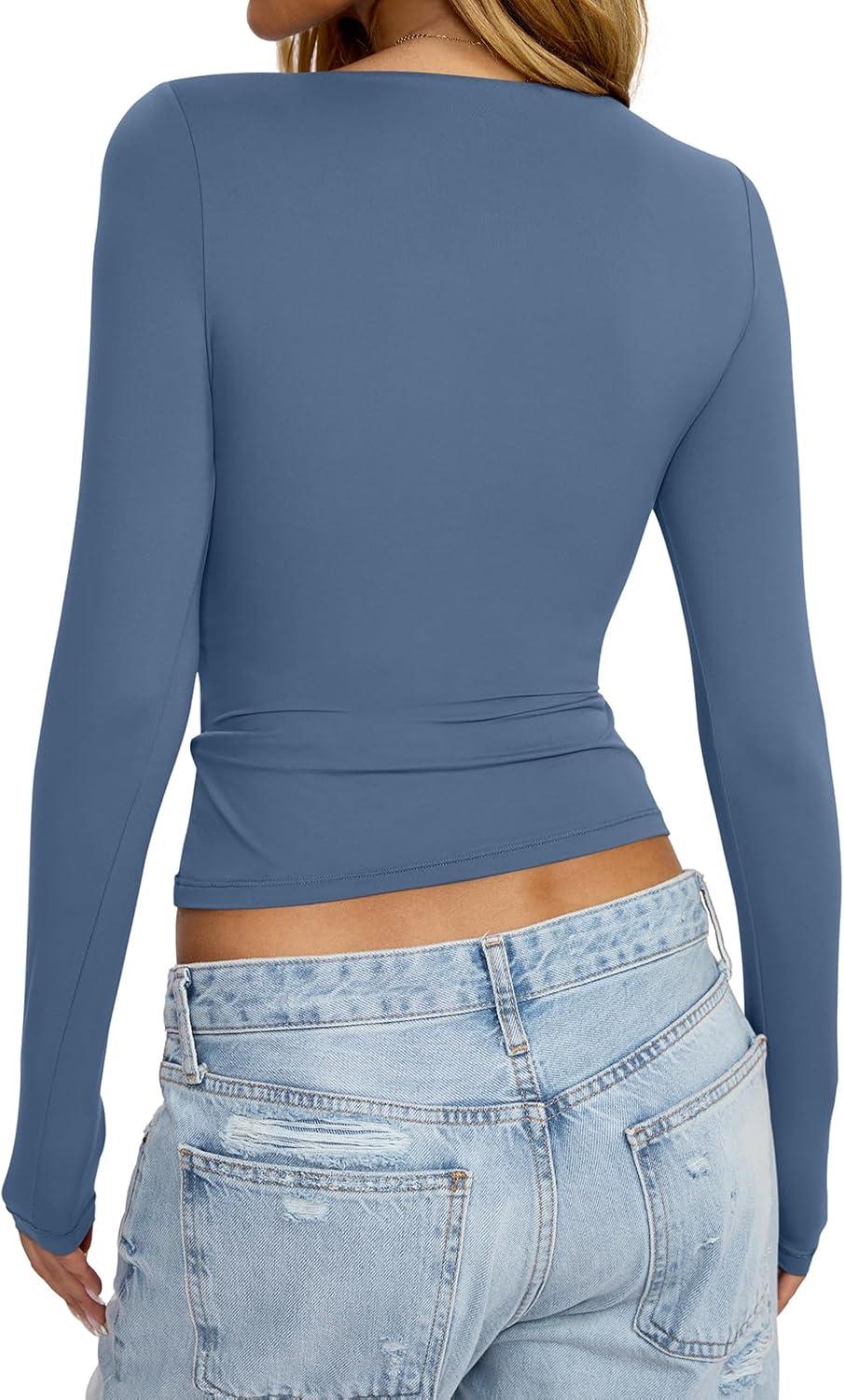 imageWomens Boat Neck Long Sleeve Shirts Ruched Double Lined Top Fitted Basic Tight Tee Spring Fall Clothes 2025Dusty Blue