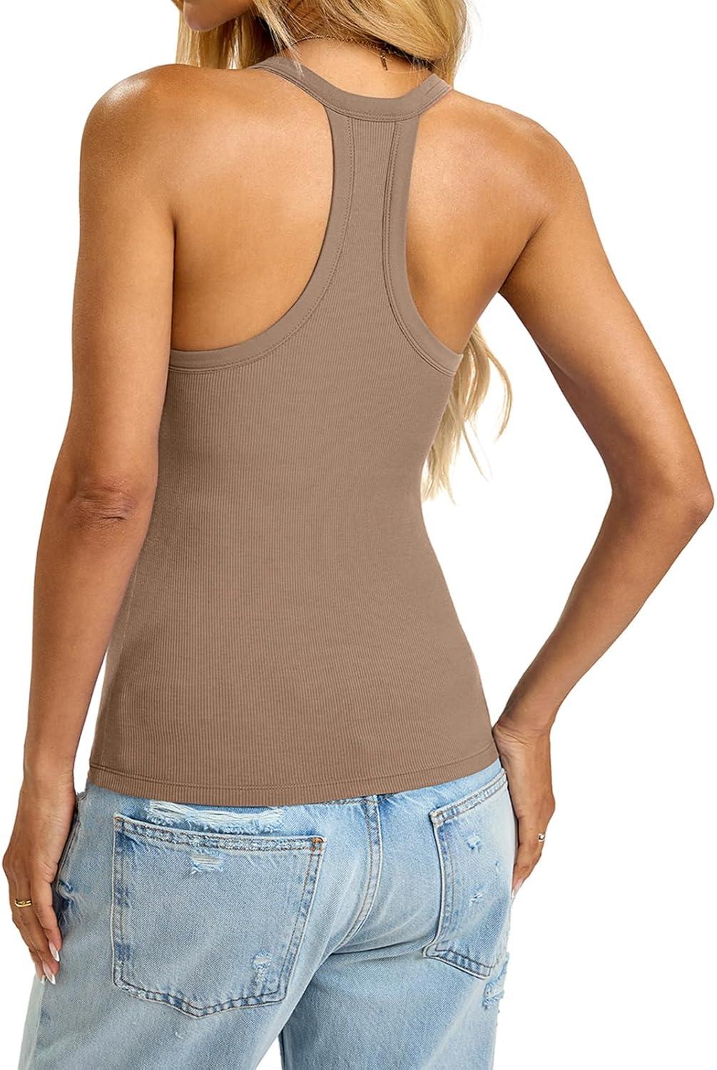 imageWomens Built in Shelf Bra Racerback Tank Tops Padded Ribbed Halter Strap T Shirts Slim Fitted Sexy V Neck TeeBrown