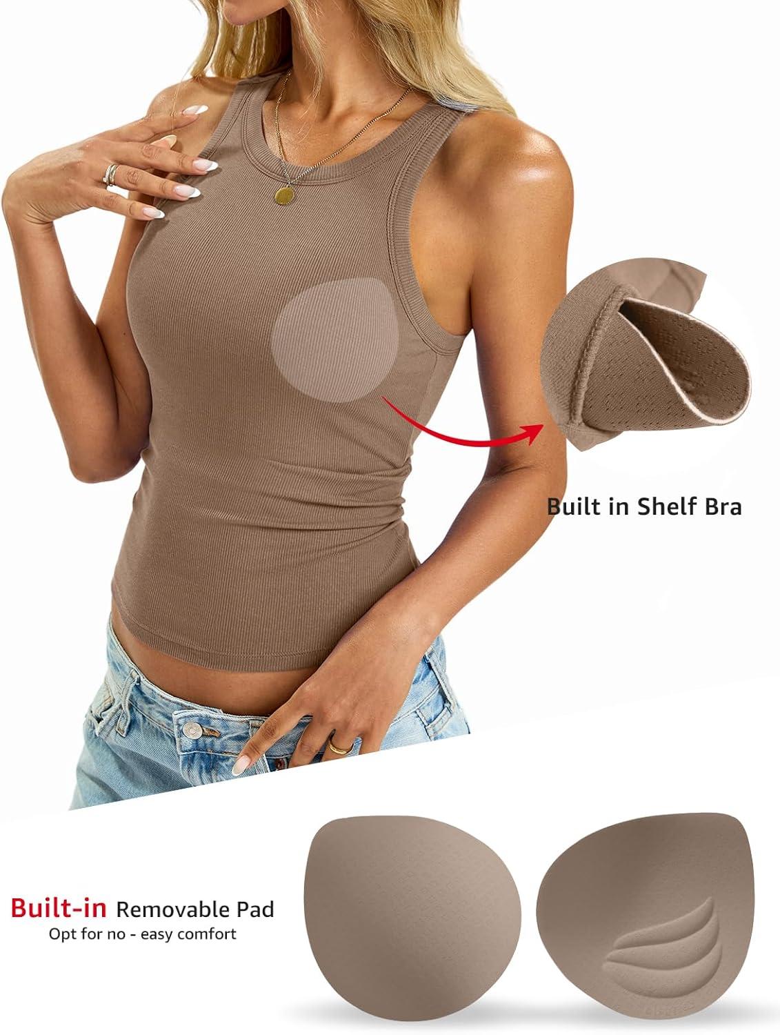 imageWomens Built in Shelf Bra Tank Tops Padded Ribbed High Neck Shirts Slim Fitted Basic Summer Sleeveless TeeBrown