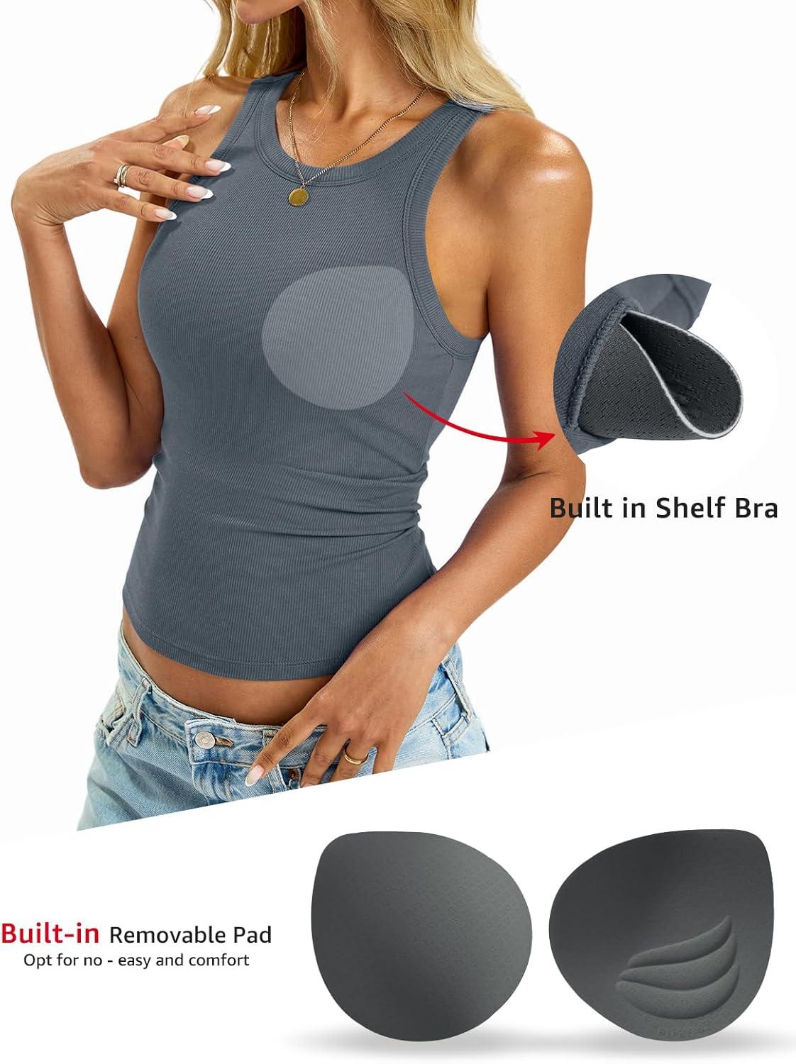 imageWomens Built in Shelf Bra Tank Tops Padded Ribbed High Neck Shirts Slim Fitted Basic Summer Sleeveless TeeDusty Blue