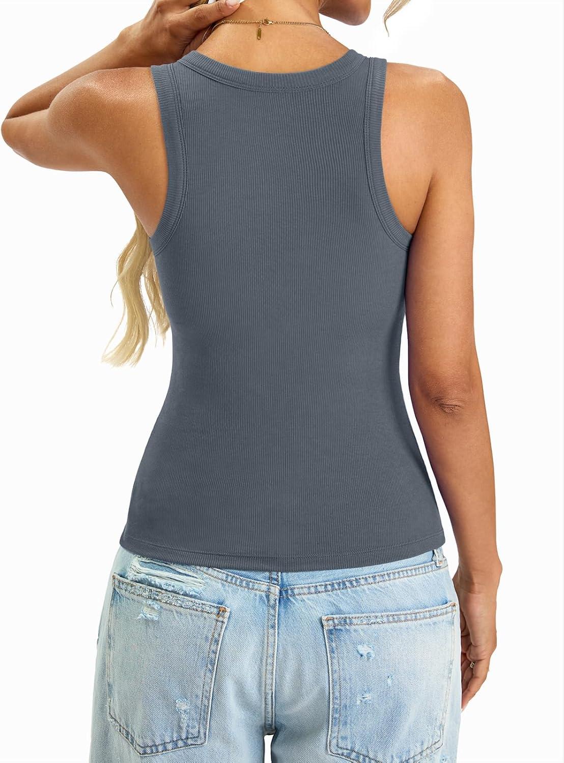 imageWomens Built in Shelf Bra Tank Tops Padded Ribbed High Neck Shirts Slim Fitted Basic Summer Sleeveless TeeDusty Blue