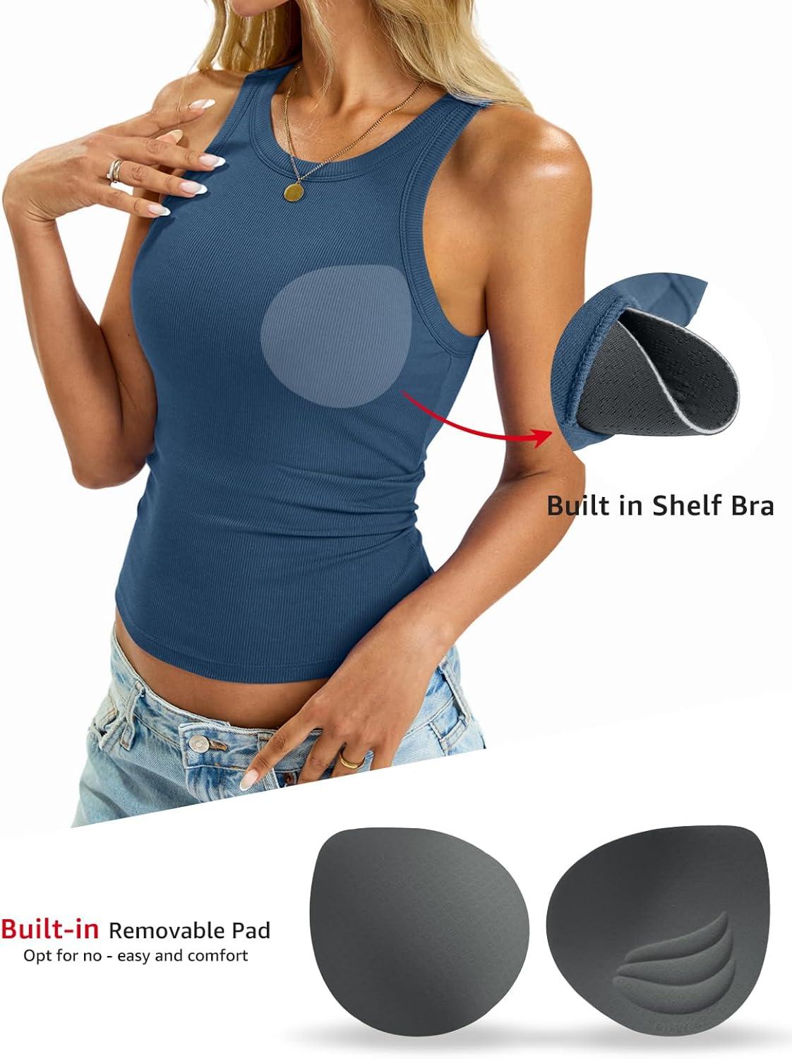 imageWomens Built in Shelf Bra Tank Tops Padded Ribbed High Neck Shirts Slim Fitted Basic Summer Sleeveless TeeGray Blue