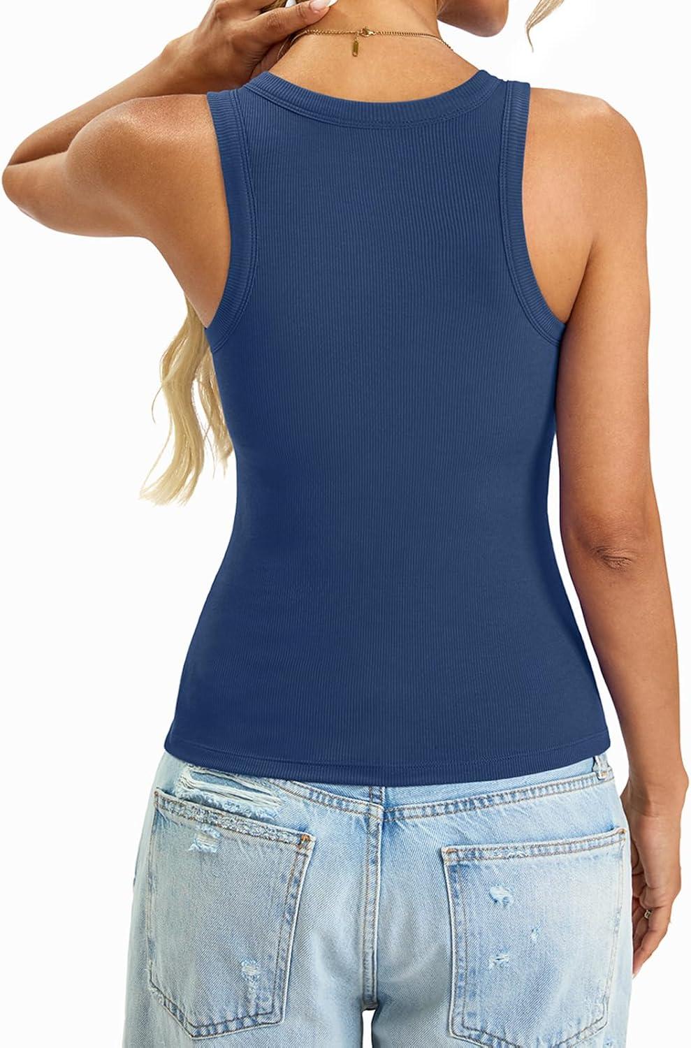 imageWomens Built in Shelf Bra Tank Tops Padded Ribbed High Neck Shirts Slim Fitted Basic Summer Sleeveless TeeGray Blue