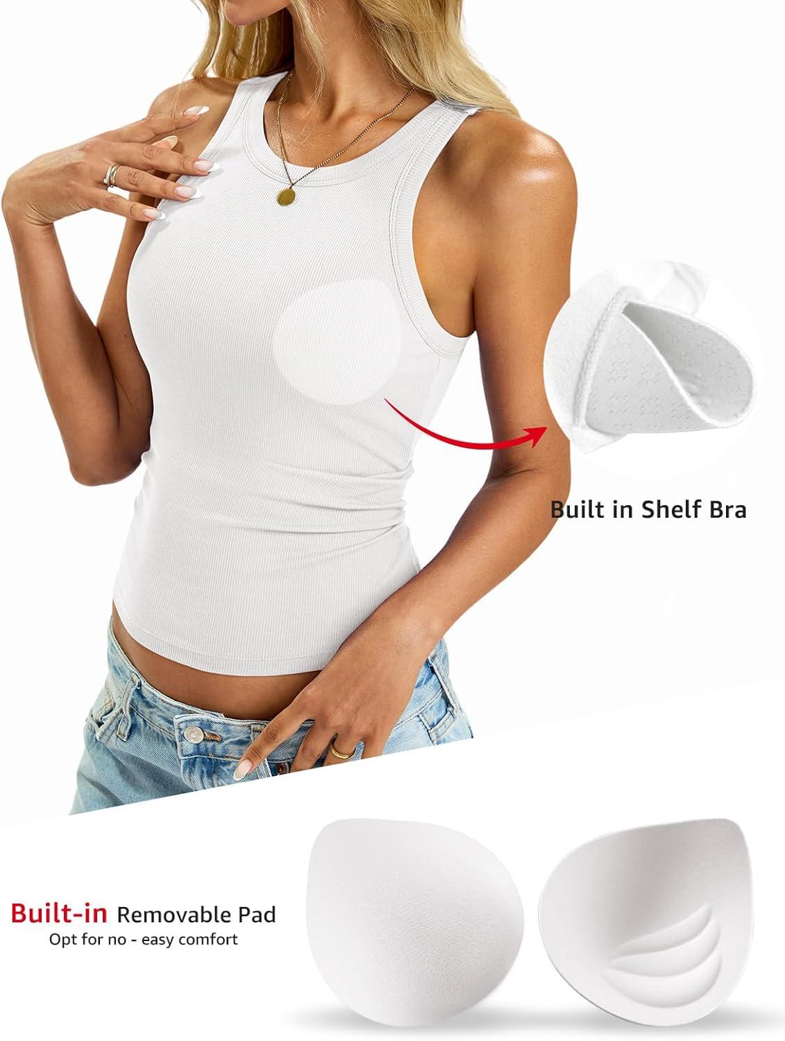 imageWomens Built in Shelf Bra Tank Tops Padded Ribbed High Neck Shirts Slim Fitted Basic Summer Sleeveless TeeWhite