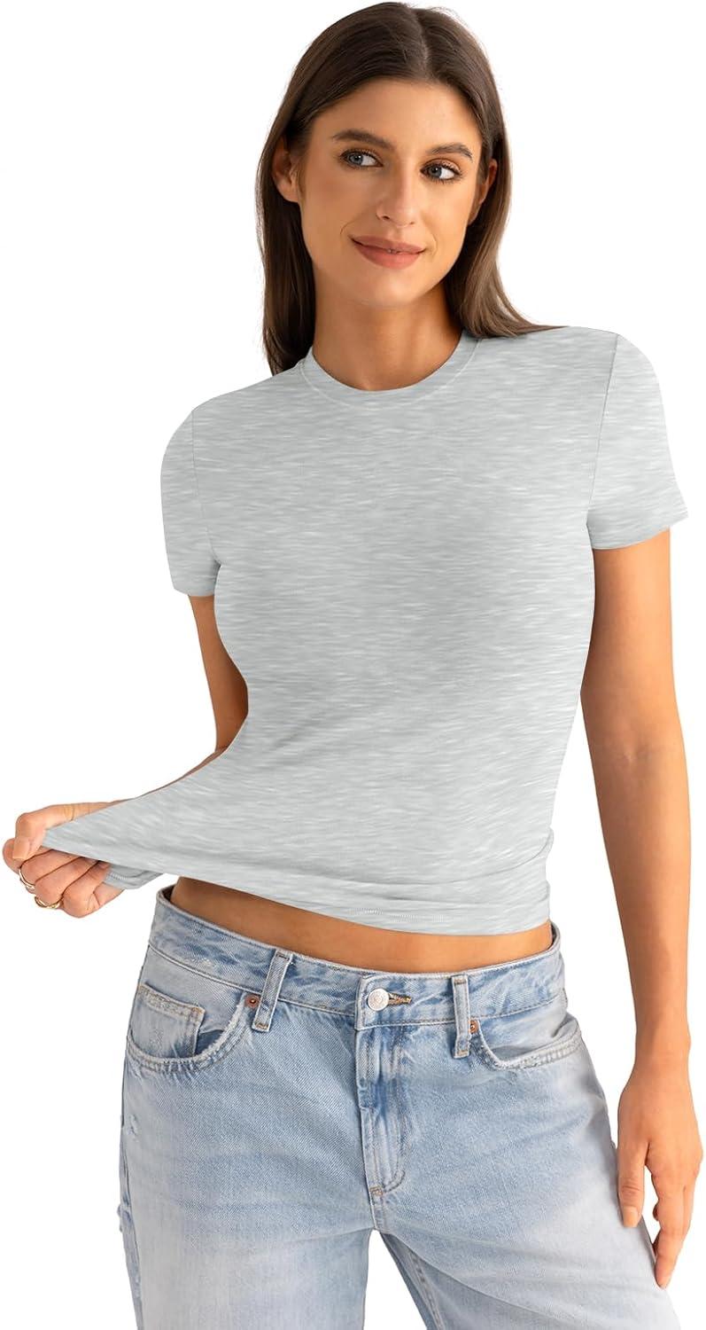 imageWomens Cotton Crew Neck Short Sleeve Shirts Summer Top Trendy Fitted Crop Tops Basic Going Out TeeLight Heather Grey