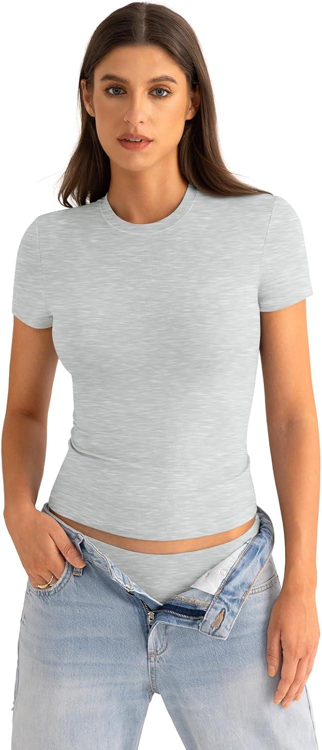 imageWomens Cotton Crew Neck Short Sleeve Shirts Summer Top Trendy Fitted Crop Tops Basic Going Out TeeLight Heather Grey
