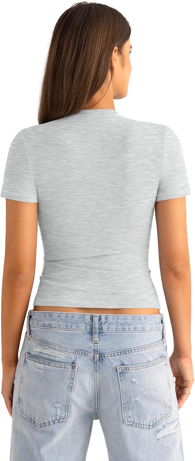 imageWomens Cotton Crew Neck Short Sleeve Shirts Summer Top Trendy Fitted Crop Tops Basic Going Out TeeLight Heather Grey