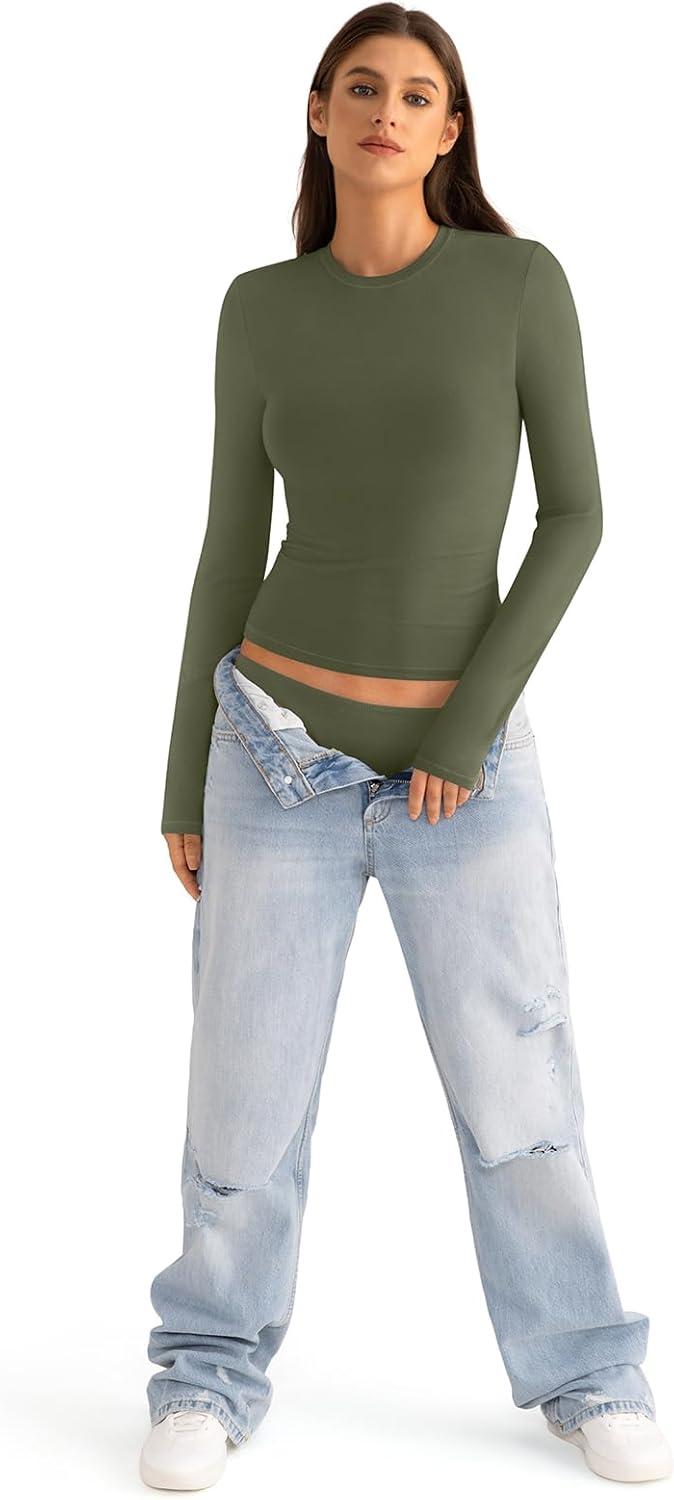 imageWomens Cotton Long Sleeve Shirts Crew Neck Fitted Basic Going Out Outfits Undershirt Spring Fall Clothes 2025Army Green