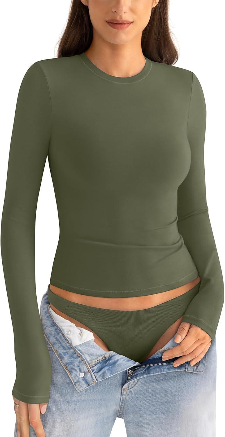 imageWomens Cotton Long Sleeve Shirts Crew Neck Fitted Basic Going Out Outfits Undershirt Spring Fall Clothes 2025Army Green