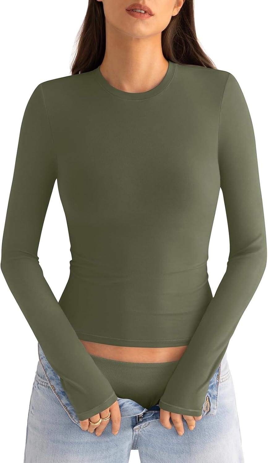 imageWomens Cotton Long Sleeve Shirts Crew Neck Fitted Basic Going Out Outfits Undershirt Spring Fall Clothes 2025Army Green