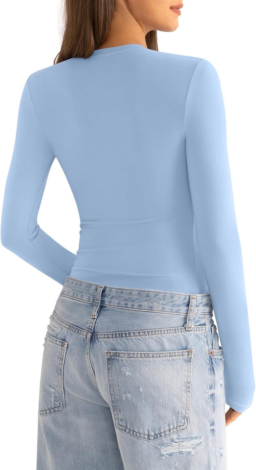 imageWomens Cotton Long Sleeve Shirts Crew Neck Fitted Basic Going Out Outfits Undershirt Spring Fall Clothes 2025Baby Blue