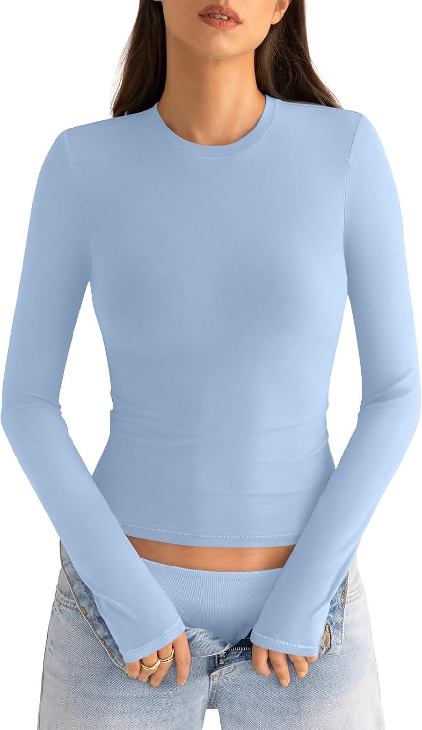 imageWomens Cotton Long Sleeve Shirts Crew Neck Fitted Basic Going Out Outfits Undershirt Spring Fall Clothes 2025Baby Blue
