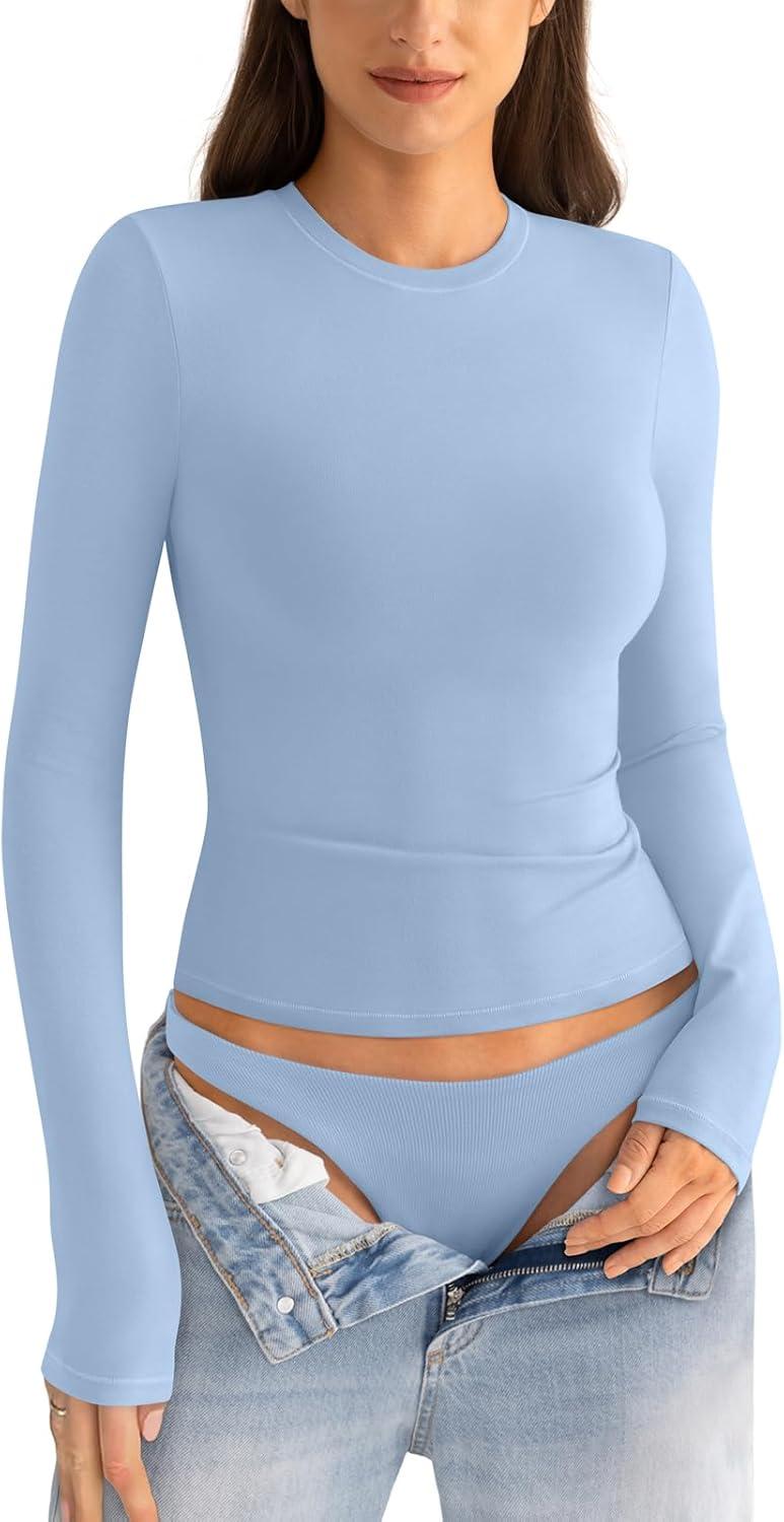 imageWomens Cotton Long Sleeve Shirts Crew Neck Fitted Basic Going Out Outfits Undershirt Spring Fall Clothes 2025Baby Blue