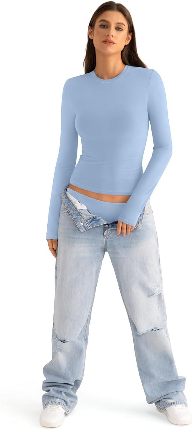 imageWomens Cotton Long Sleeve Shirts Crew Neck Fitted Basic Going Out Outfits Undershirt Spring Fall Clothes 2025Baby Blue