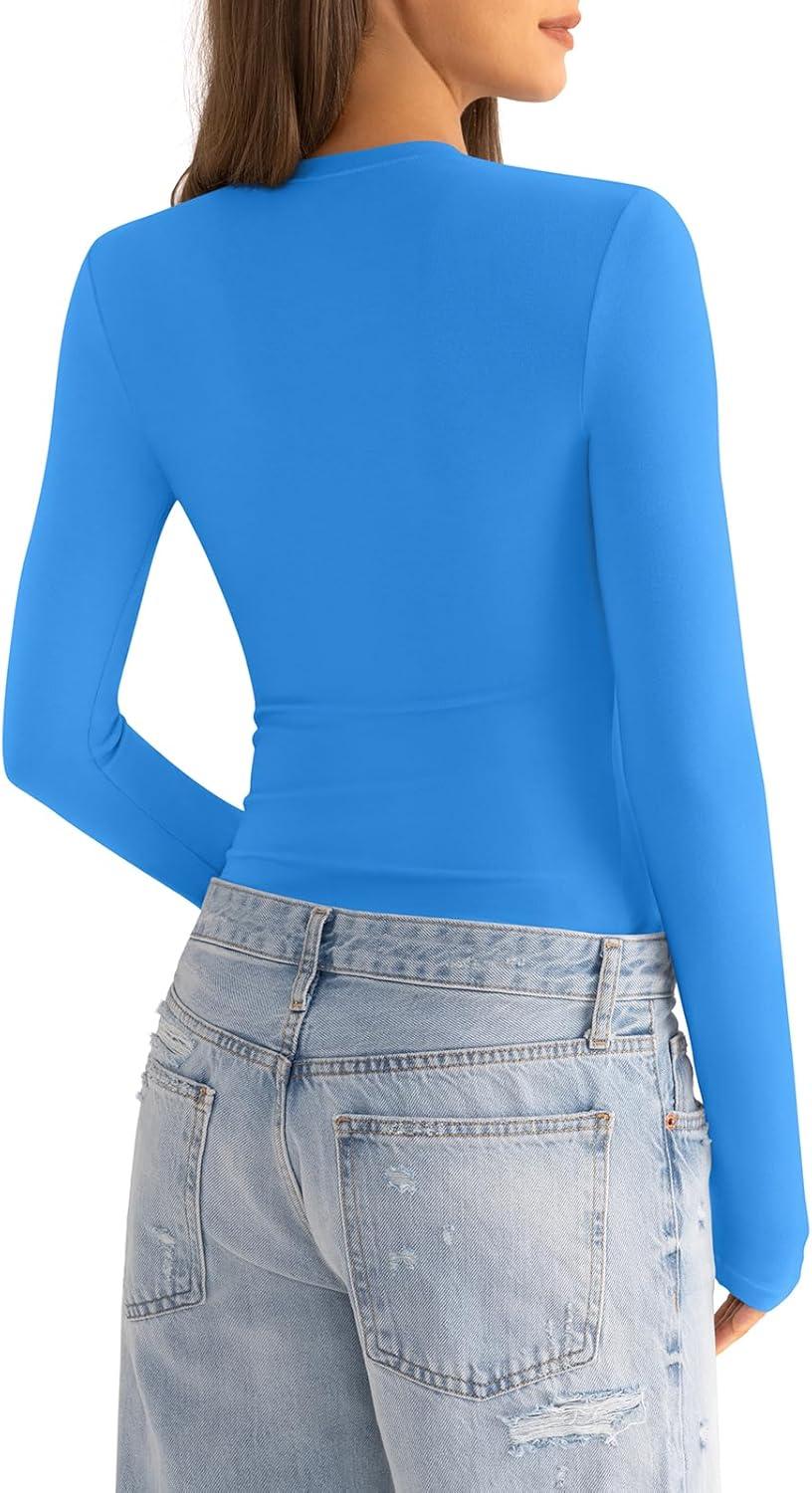 imageWomens Cotton Long Sleeve Shirts Crew Neck Fitted Basic Going Out Outfits Undershirt Spring Fall Clothes 2025Blue