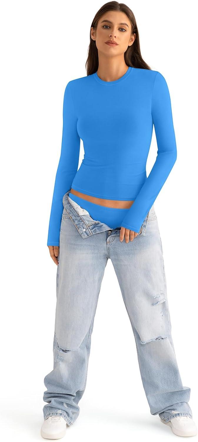 imageWomens Cotton Long Sleeve Shirts Crew Neck Fitted Basic Going Out Outfits Undershirt Spring Fall Clothes 2025Blue