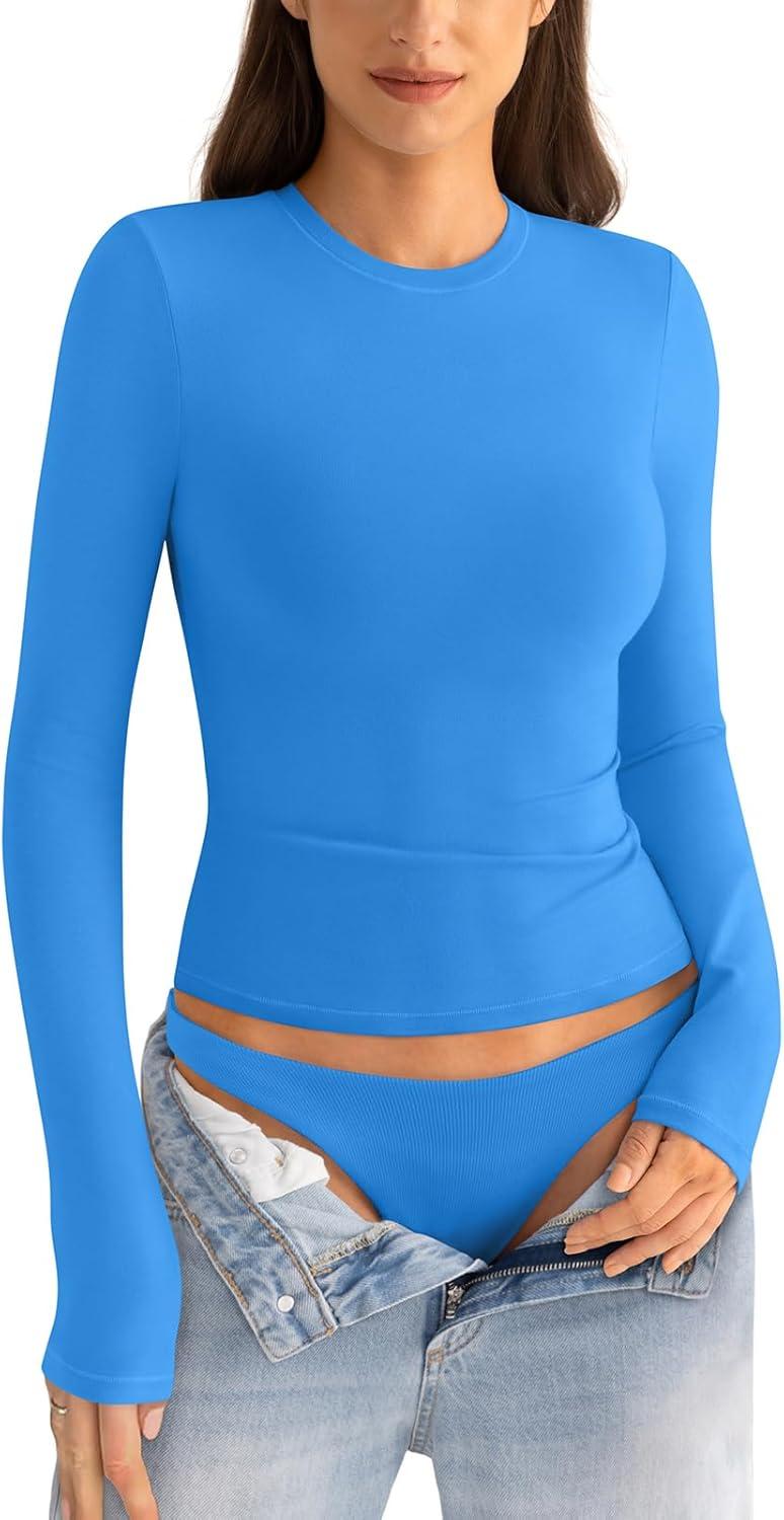 imageWomens Cotton Long Sleeve Shirts Crew Neck Fitted Basic Going Out Outfits Undershirt Spring Fall Clothes 2025Blue