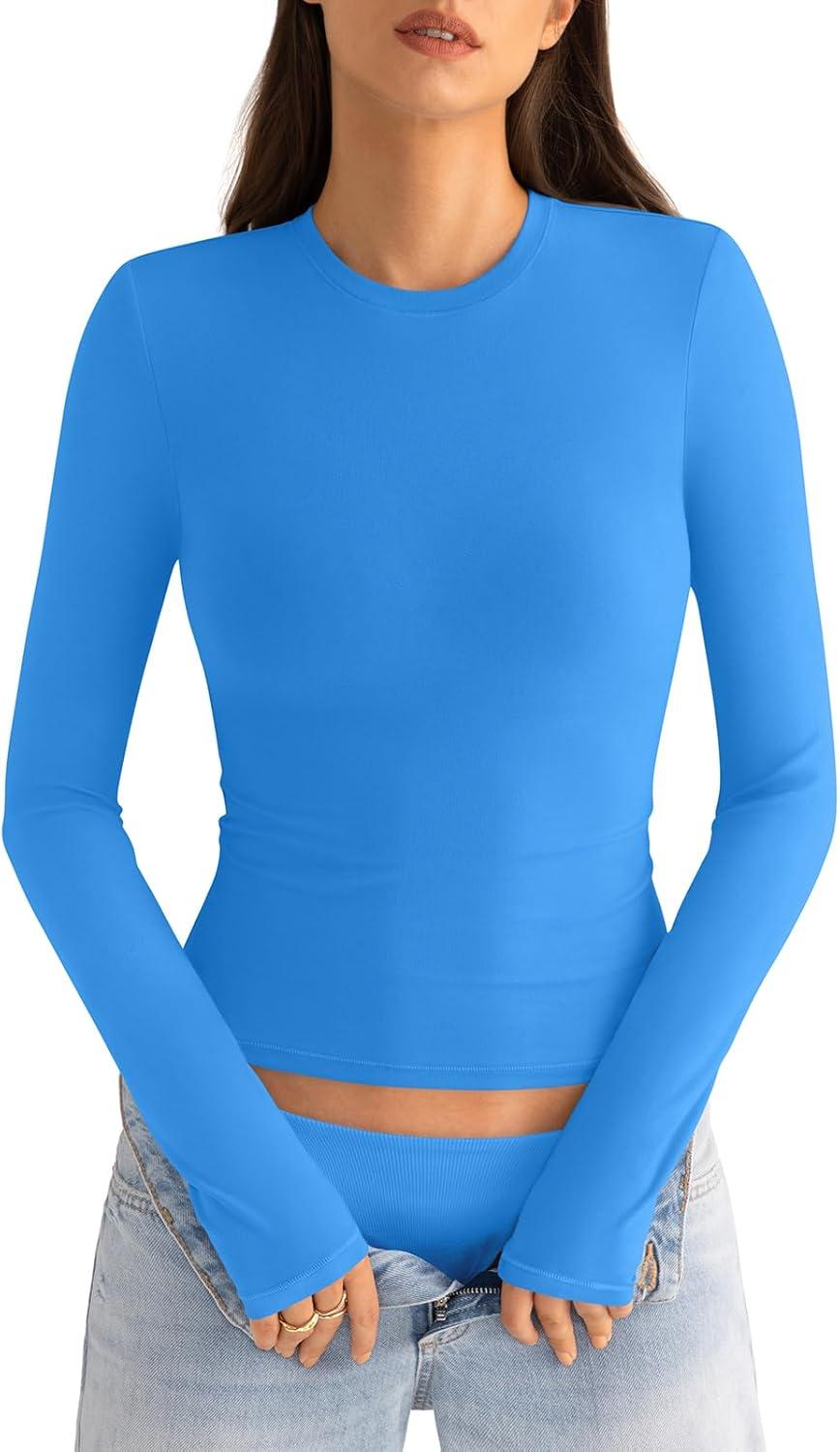 imageWomens Cotton Long Sleeve Shirts Crew Neck Fitted Basic Going Out Outfits Undershirt Spring Fall Clothes 2025Blue