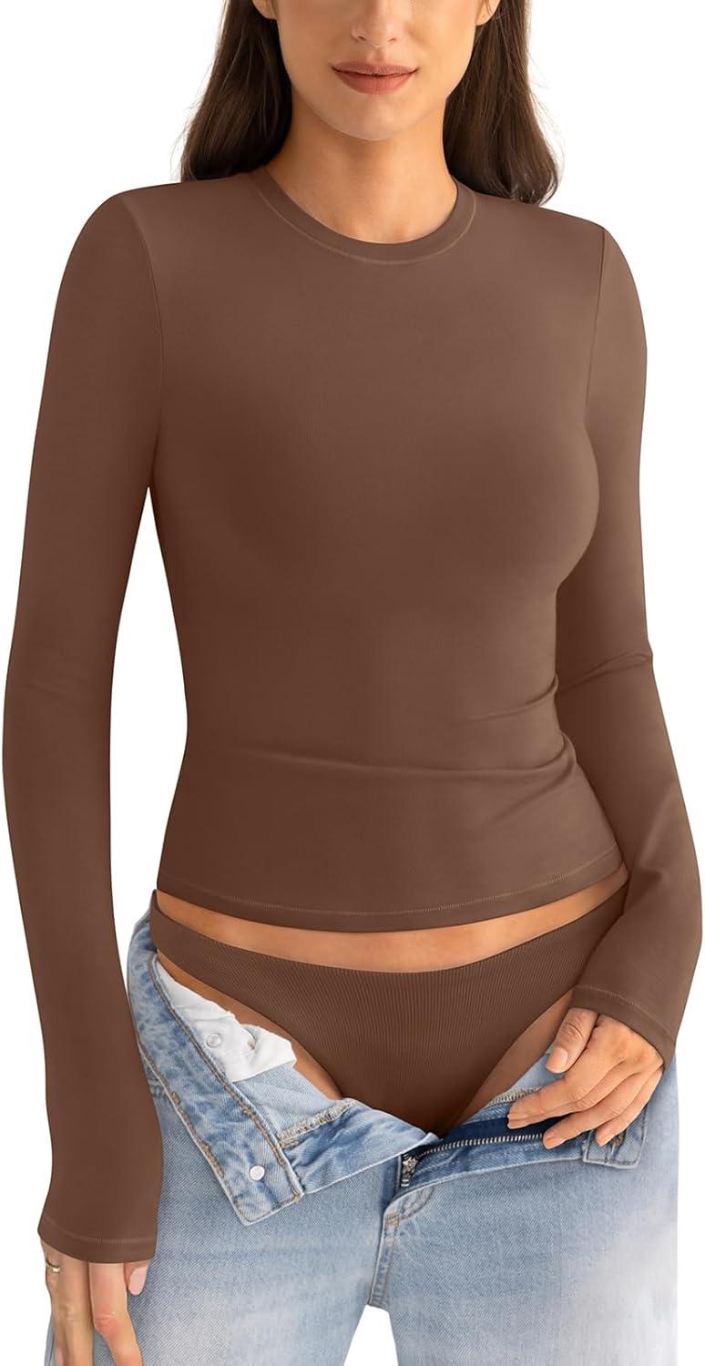 imageWomens Cotton Long Sleeve Shirts Crew Neck Fitted Basic Going Out Outfits Undershirt Spring Fall Clothes 2025Brown