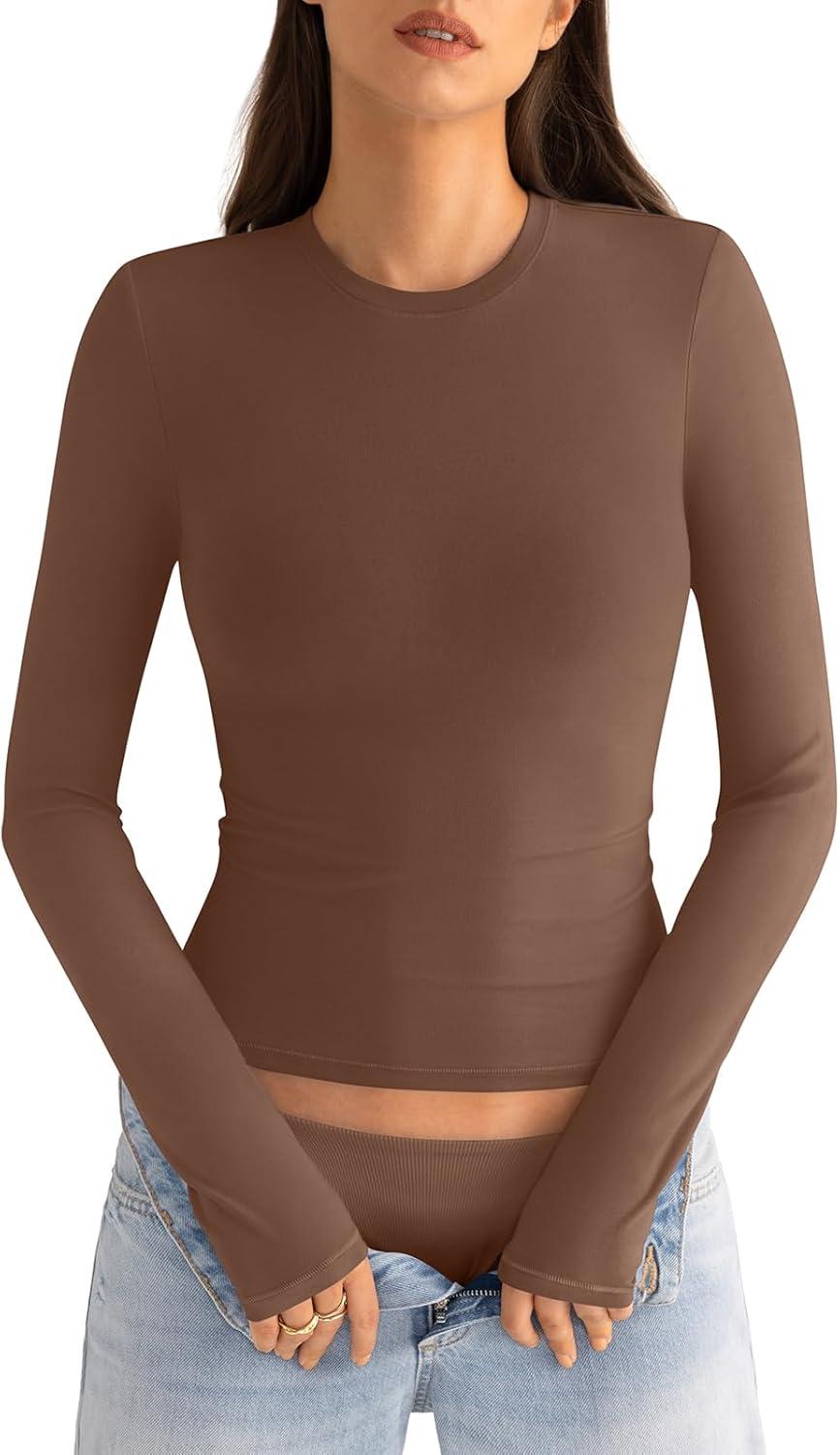 imageWomens Cotton Long Sleeve Shirts Crew Neck Fitted Basic Going Out Outfits Undershirt Spring Fall Clothes 2025Brown