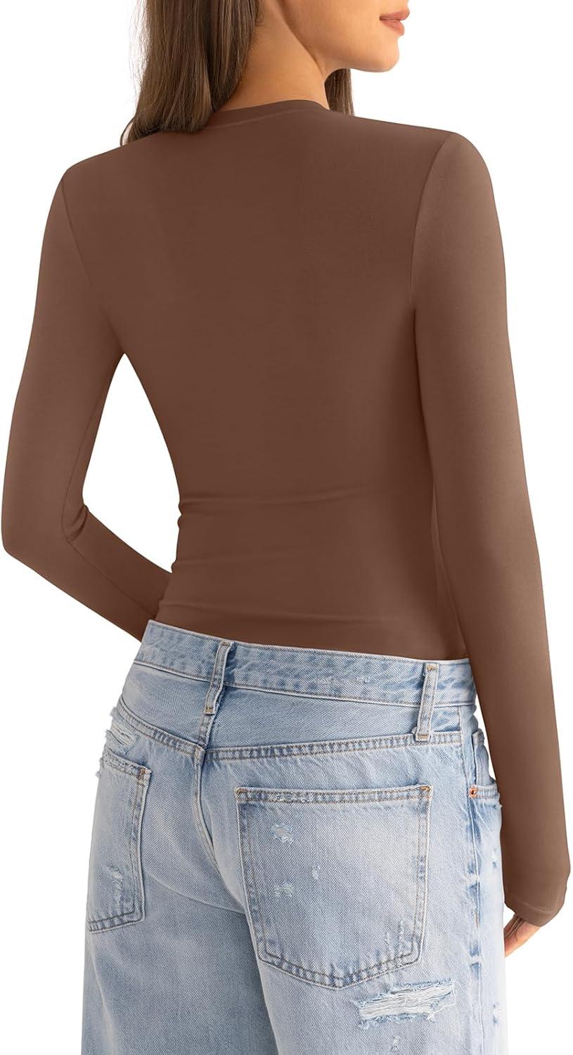 imageWomens Cotton Long Sleeve Shirts Crew Neck Fitted Basic Going Out Outfits Undershirt Spring Fall Clothes 2025Brown