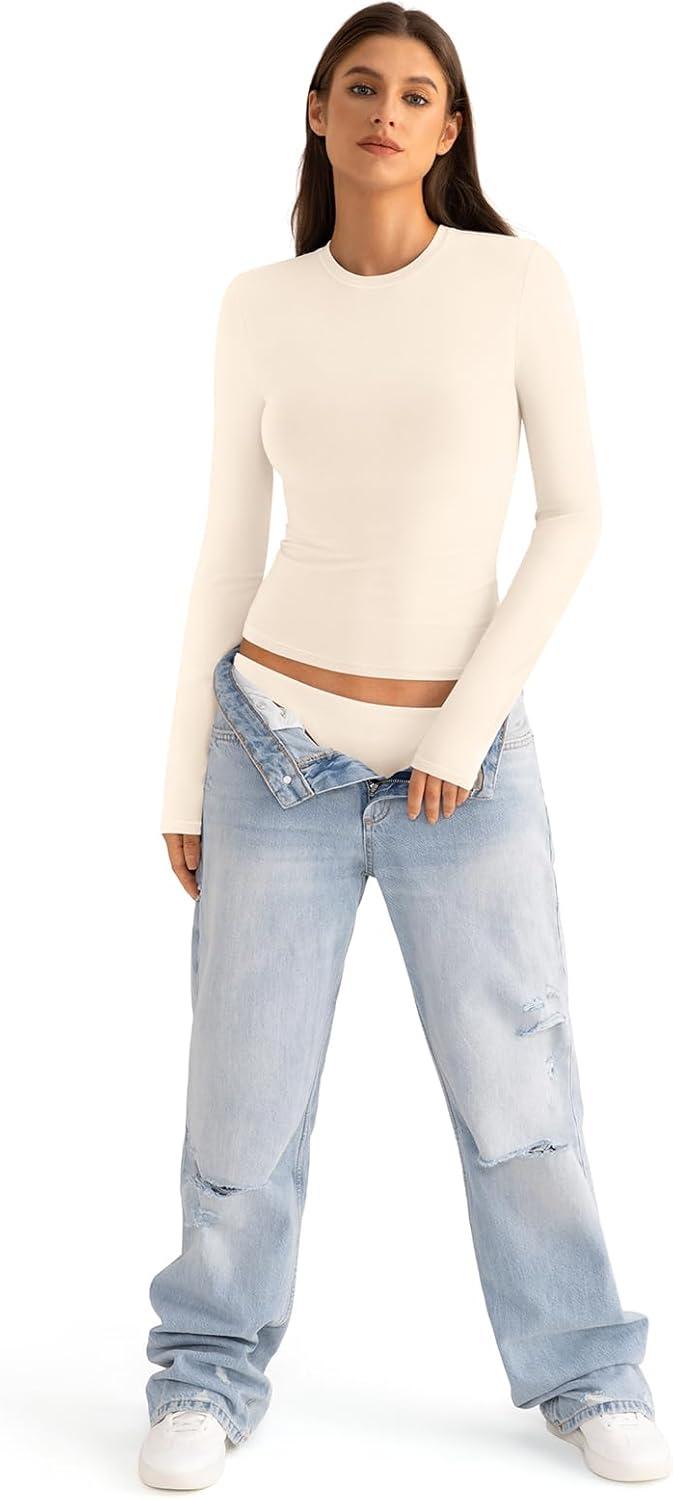 imageWomens Cotton Long Sleeve Shirts Crew Neck Fitted Basic Going Out Outfits Undershirt Spring Fall Clothes 2025Cream White