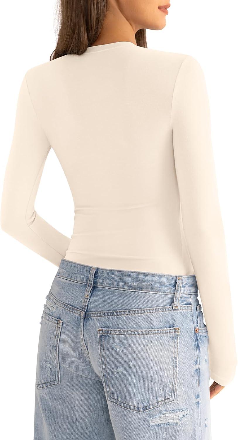 imageWomens Cotton Long Sleeve Shirts Crew Neck Fitted Basic Going Out Outfits Undershirt Spring Fall Clothes 2025Cream White