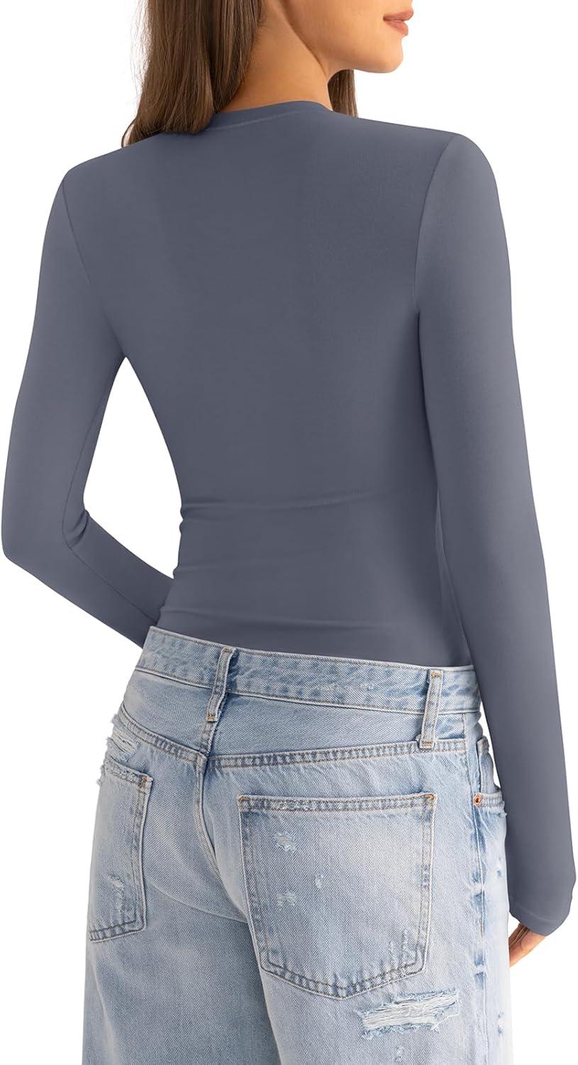 imageWomens Cotton Long Sleeve Shirts Crew Neck Fitted Basic Going Out Outfits Undershirt Spring Fall Clothes 2025Dark Grey