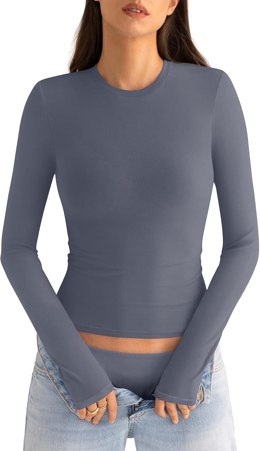 imageWomens Cotton Long Sleeve Shirts Crew Neck Fitted Basic Going Out Outfits Undershirt Spring Fall Clothes 2025Dark Grey