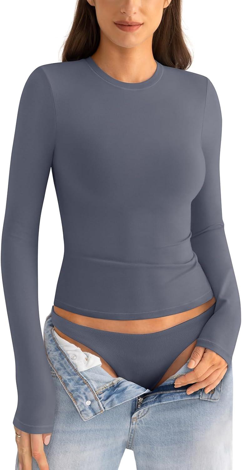 imageWomens Cotton Long Sleeve Shirts Crew Neck Fitted Basic Going Out Outfits Undershirt Spring Fall Clothes 2025Dark Grey