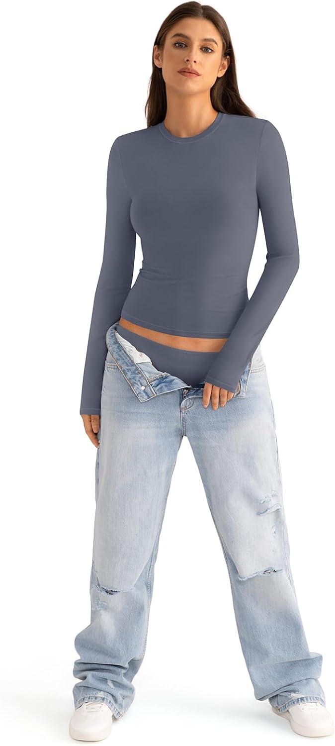 imageWomens Cotton Long Sleeve Shirts Crew Neck Fitted Basic Going Out Outfits Undershirt Spring Fall Clothes 2025Dark Grey