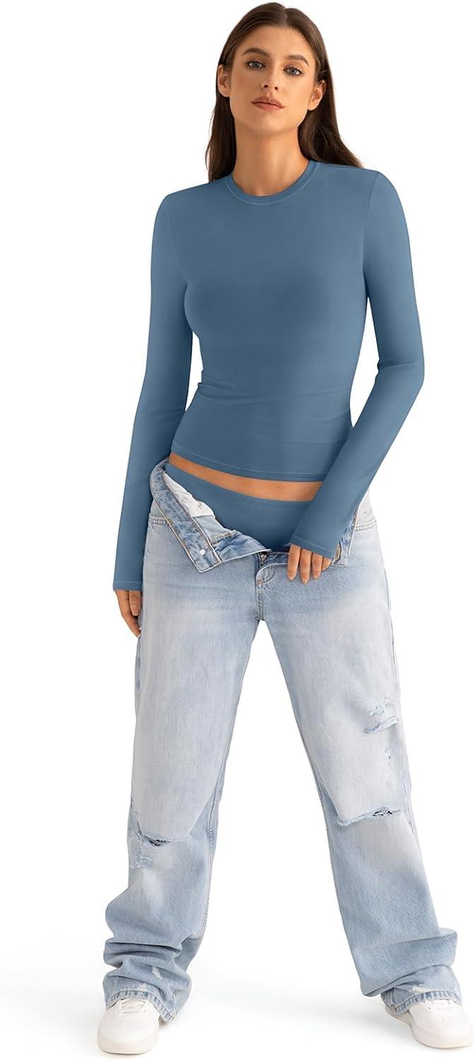 imageWomens Cotton Long Sleeve Shirts Crew Neck Fitted Basic Going Out Outfits Undershirt Spring Fall Clothes 2025Kyanite