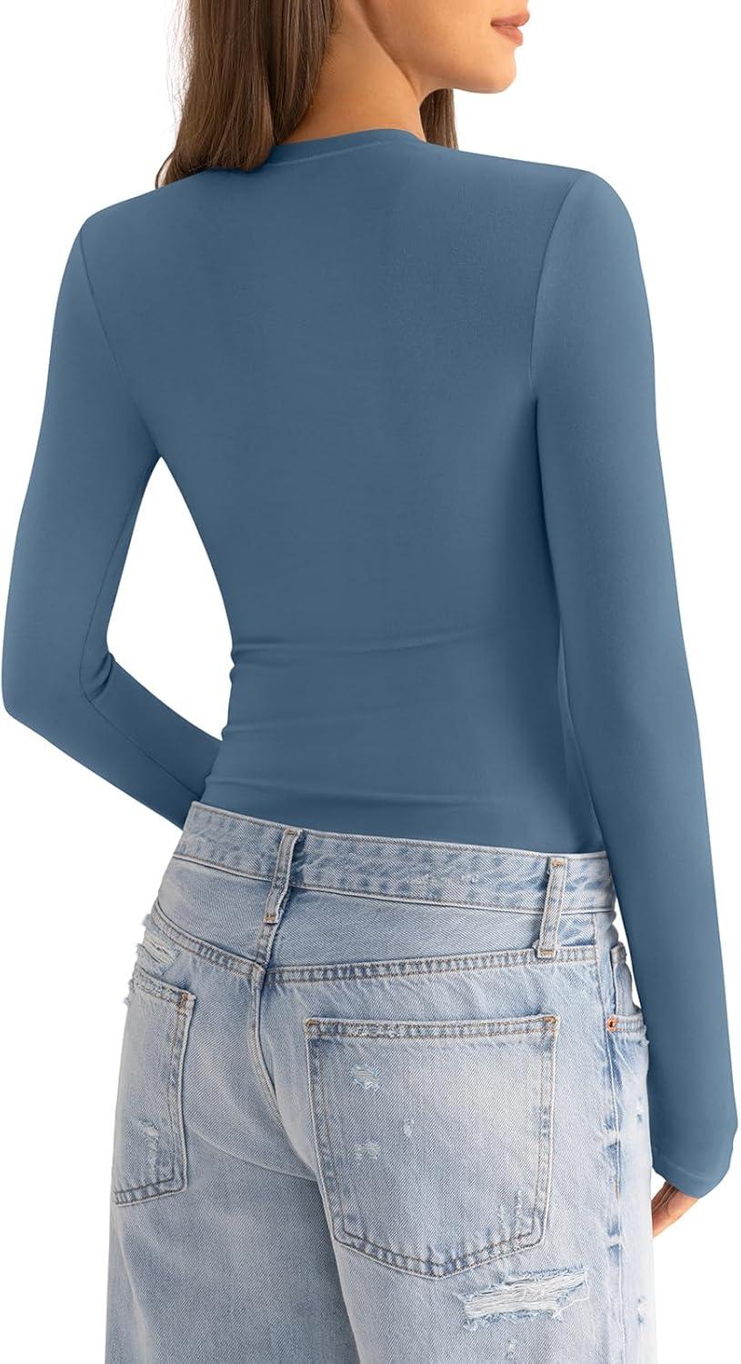 imageWomens Cotton Long Sleeve Shirts Crew Neck Fitted Basic Going Out Outfits Undershirt Spring Fall Clothes 2025Kyanite