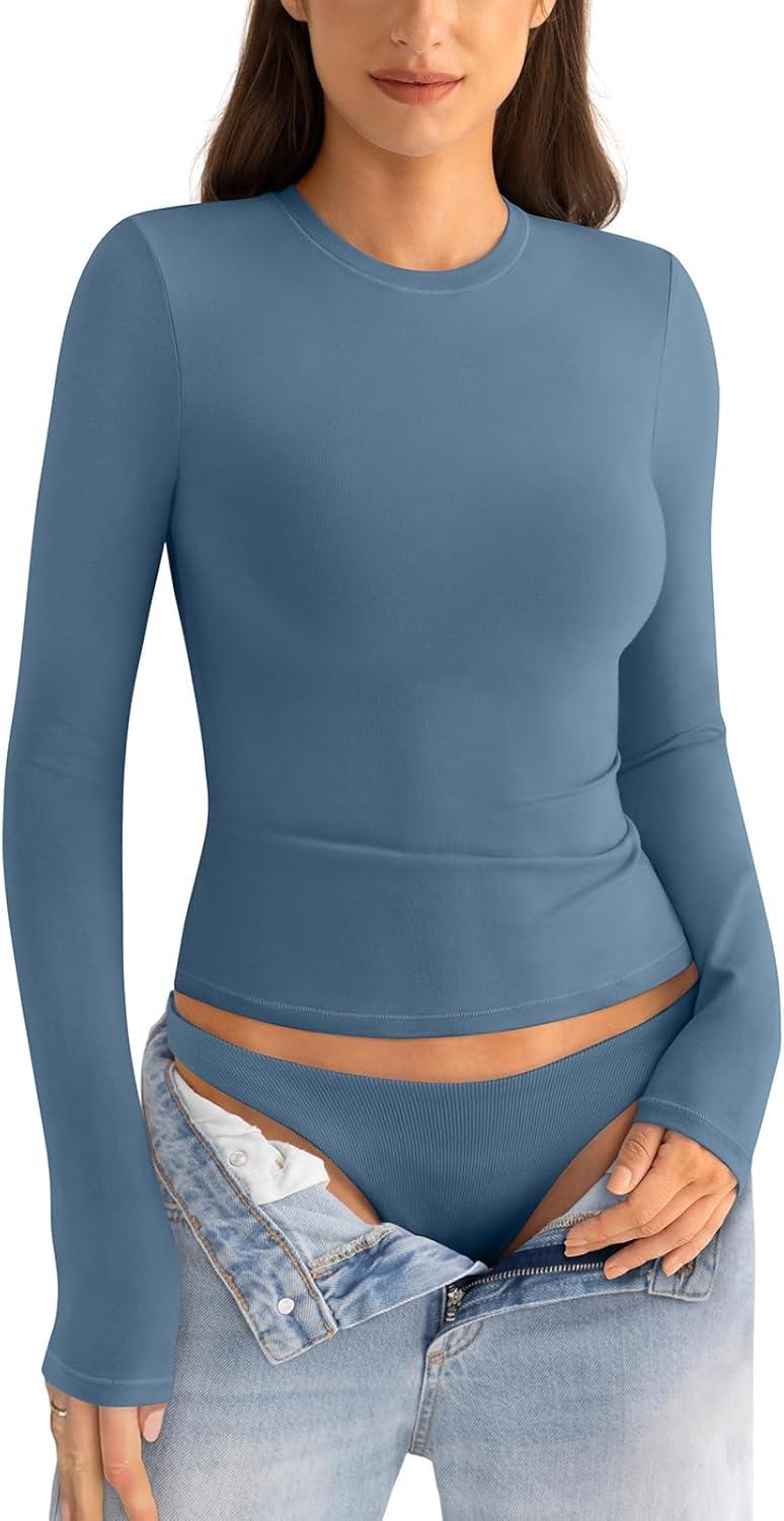 imageWomens Cotton Long Sleeve Shirts Crew Neck Fitted Basic Going Out Outfits Undershirt Spring Fall Clothes 2025Kyanite