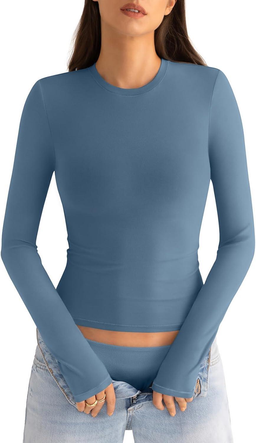 imageWomens Cotton Long Sleeve Shirts Crew Neck Fitted Basic Going Out Outfits Undershirt Spring Fall Clothes 2025Kyanite