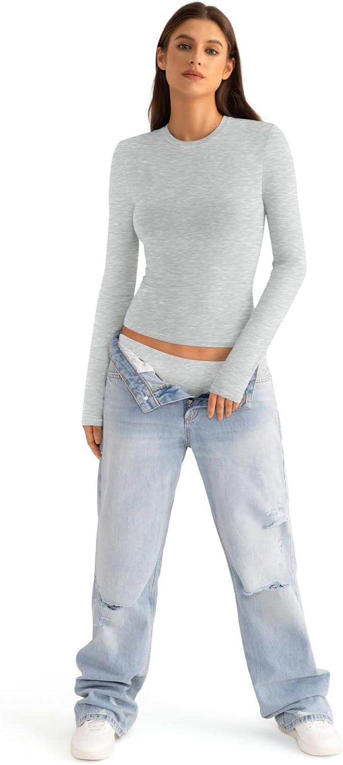 imageWomens Cotton Long Sleeve Shirts Crew Neck Fitted Basic Going Out Outfits Undershirt Spring Fall Clothes 2025Light Heather Grey