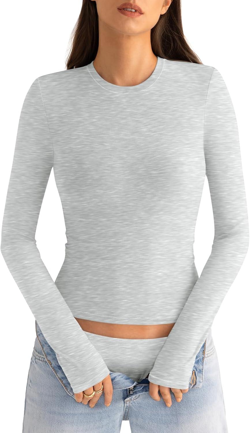 imageWomens Cotton Long Sleeve Shirts Crew Neck Fitted Basic Going Out Outfits Undershirt Spring Fall Clothes 2025Light Heather Grey