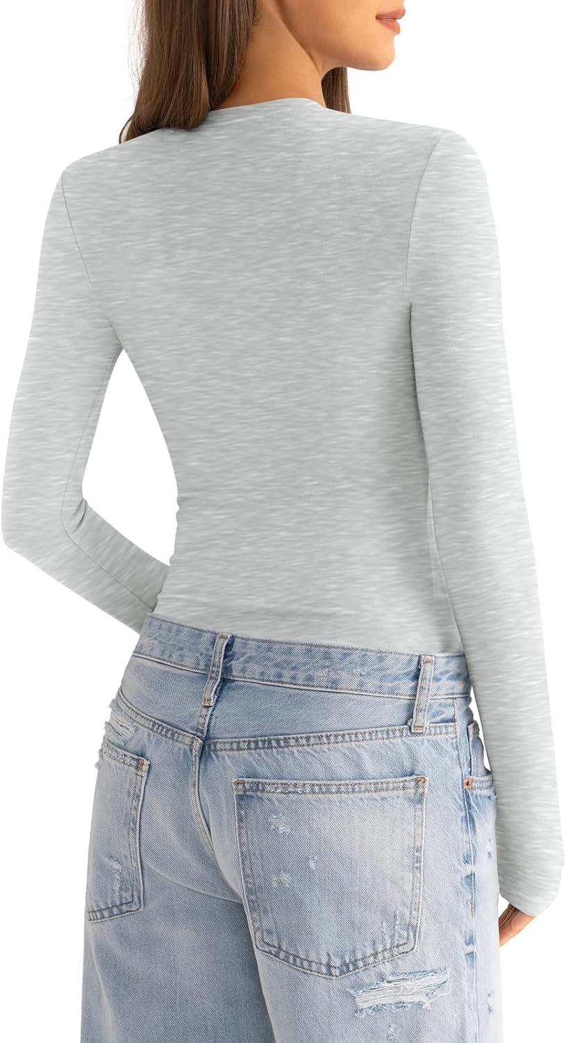 imageWomens Cotton Long Sleeve Shirts Crew Neck Fitted Basic Going Out Outfits Undershirt Spring Fall Clothes 2025Light Heather Grey