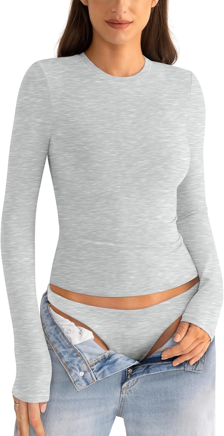 imageWomens Cotton Long Sleeve Shirts Crew Neck Fitted Basic Going Out Outfits Undershirt Spring Fall Clothes 2025Light Heather Grey