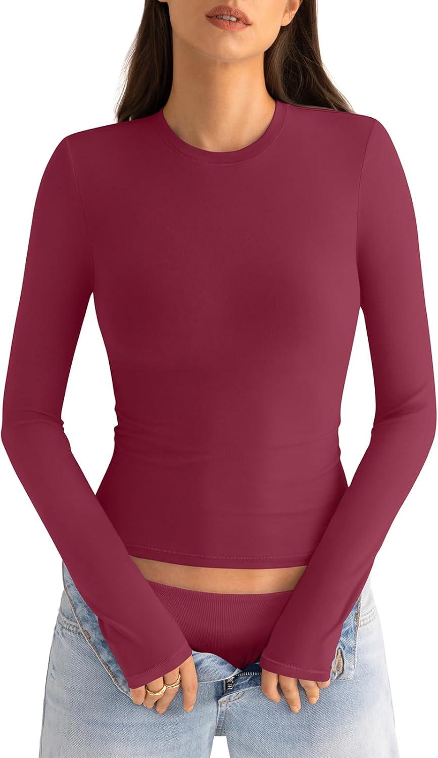 imageWomens Cotton Long Sleeve Shirts Crew Neck Fitted Basic Going Out Outfits Undershirt Spring Fall Clothes 2025Magenta