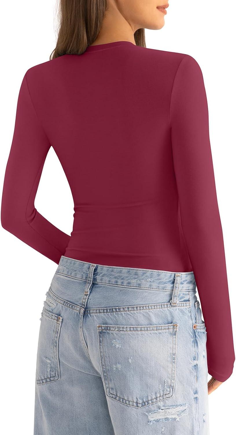 imageWomens Cotton Long Sleeve Shirts Crew Neck Fitted Basic Going Out Outfits Undershirt Spring Fall Clothes 2025Magenta