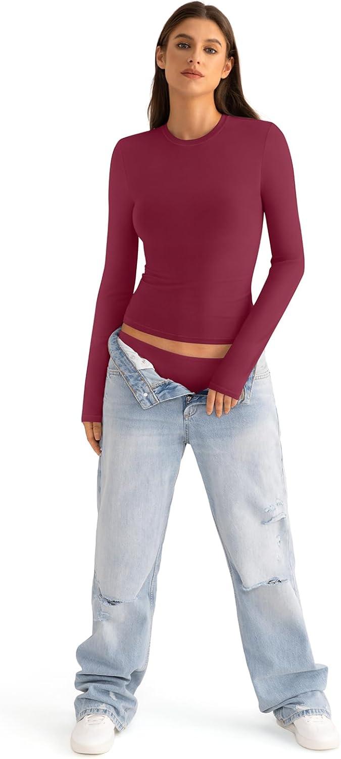 imageWomens Cotton Long Sleeve Shirts Crew Neck Fitted Basic Going Out Outfits Undershirt Spring Fall Clothes 2025Magenta