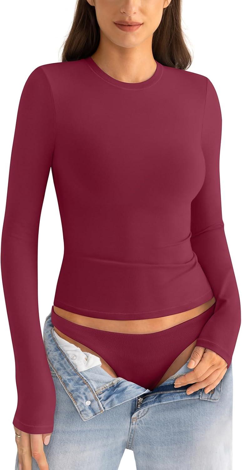 imageWomens Cotton Long Sleeve Shirts Crew Neck Fitted Basic Going Out Outfits Undershirt Spring Fall Clothes 2025Magenta