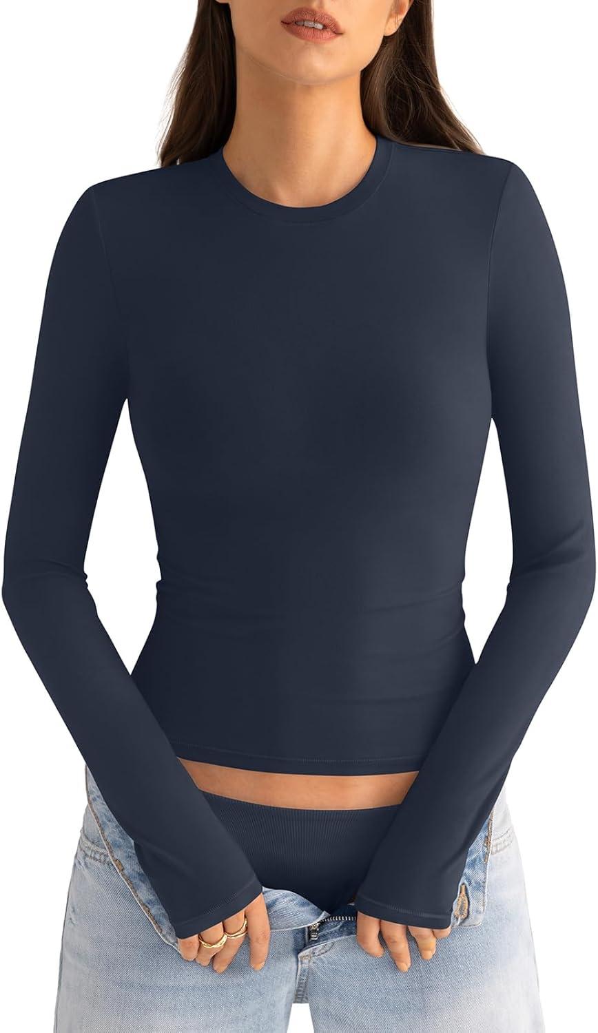 imageWomens Cotton Long Sleeve Shirts Crew Neck Fitted Basic Going Out Outfits Undershirt Spring Fall Clothes 2025Navy Blue