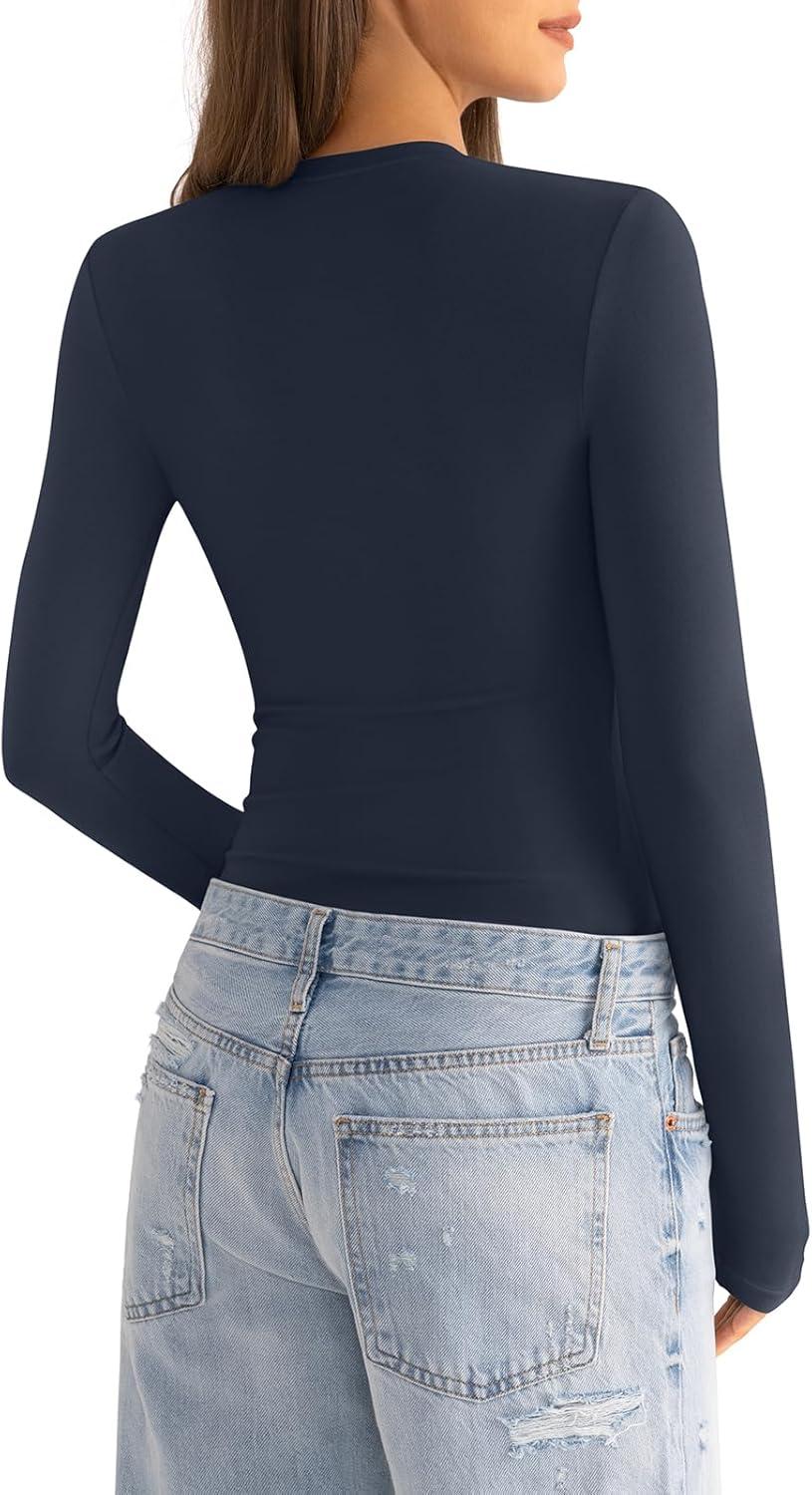 imageWomens Cotton Long Sleeve Shirts Crew Neck Fitted Basic Going Out Outfits Undershirt Spring Fall Clothes 2025Navy Blue