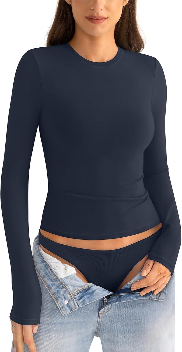 imageWomens Cotton Long Sleeve Shirts Crew Neck Fitted Basic Going Out Outfits Undershirt Spring Fall Clothes 2025Navy Blue